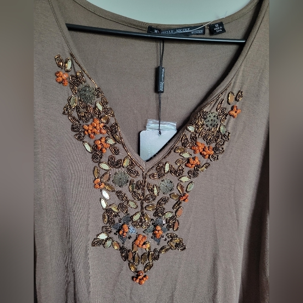 Michelle Nicole Women's Brown Long Sleeve Bead Embellished Top Size 3X NWT - Picture 4 of 7